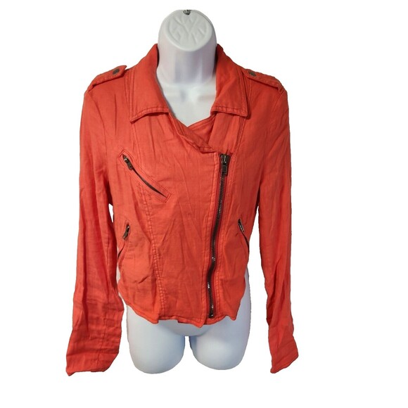 Free People Jackets & Blazers - Free People Cropped Linen Blend Jacket - Moto Style ,full zip red orange -Size 4